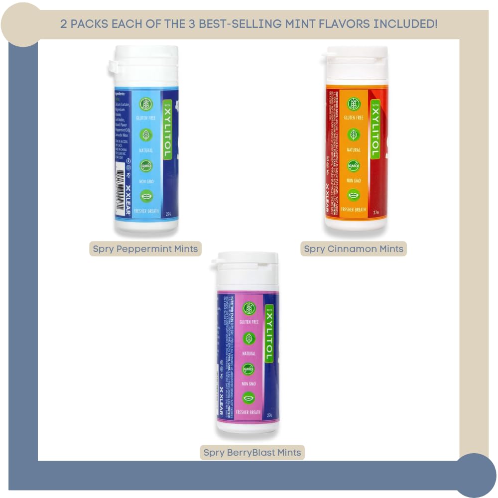 Spry – Paquete variado de 6 mentas 100% xilitol, sin azúcar, sin gluten, naturales, sin OMG para la salud bucal, cuidado de las encías, defensa