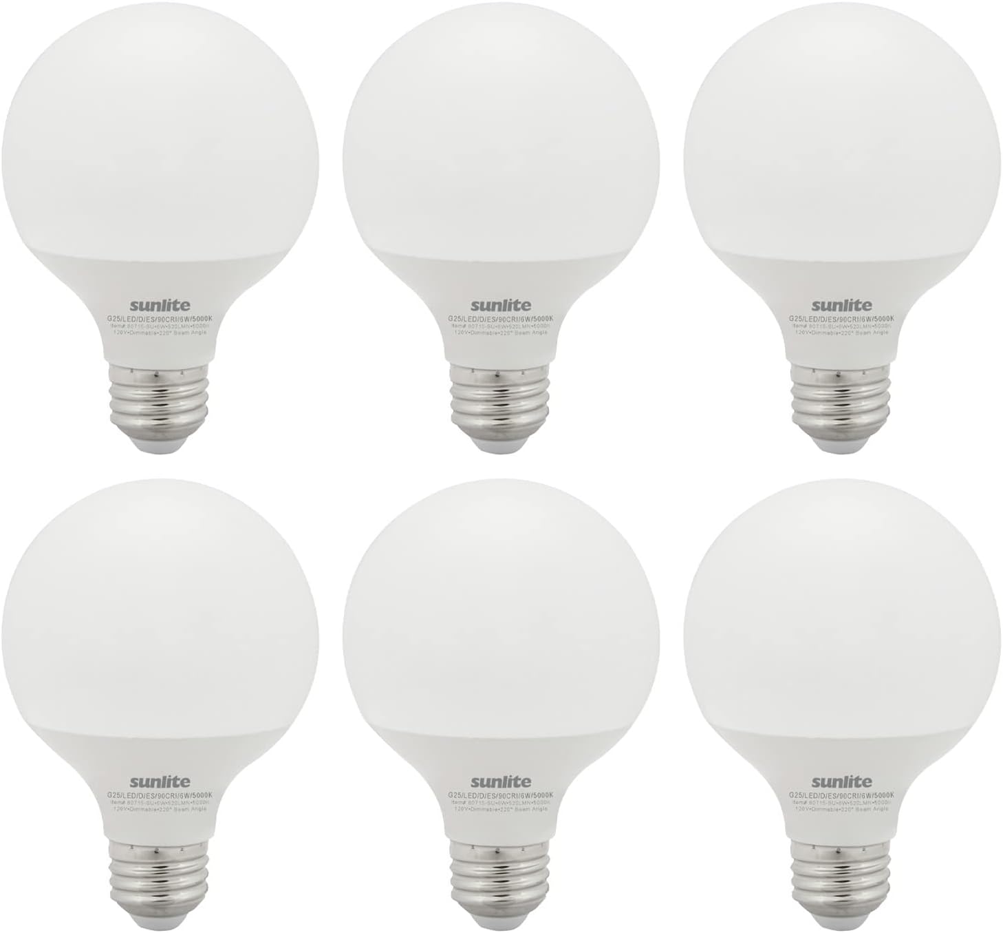Sunlite Bombilla LED G25 41821, 6 vatios (equivalente a 60 W), base E26 estándar, 520 lúmenes, regulable, esmerilado, Energy Star, 90 CRI,