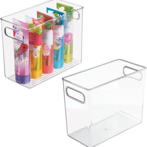 mDesign Contenedor de plástico delgado con asas, organizador de gabinete de baño para artículos de tocador, maquillaje, champú, acondicionador, mDesign Contenedor de plástico delgado con asas, organizador de gabinete de baño para artículos de tocador, maquillaje, champú, acondicionador,