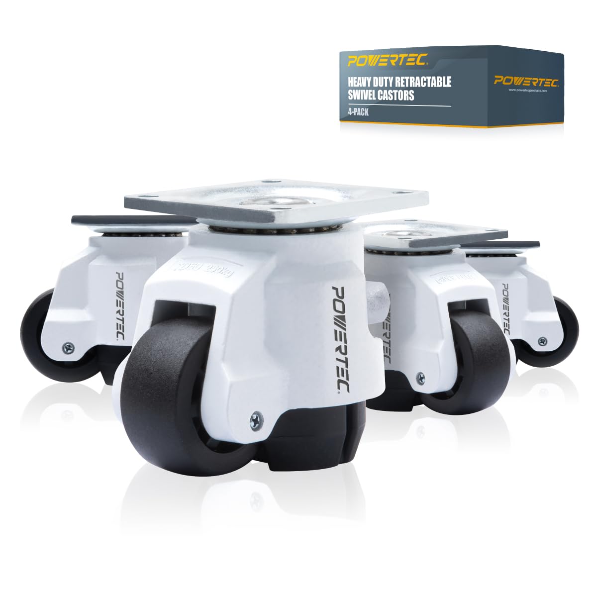 POWERTEC 17300 Juego de 4 ruedas niveladoras de 2 pulgadas, resistentes con asas de trinquete ajustables, ruedas retráctiles y giratorias, paquete