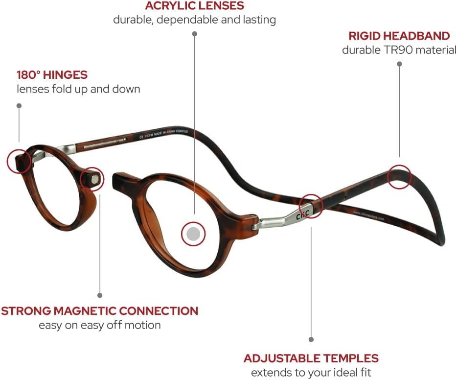 Clic Lentes de lectura magnéticos, lectores de computadora, lentes reemplazables, patillas ajustables, clásicos, (S-M, tortuga mate, aumento de 3.00)