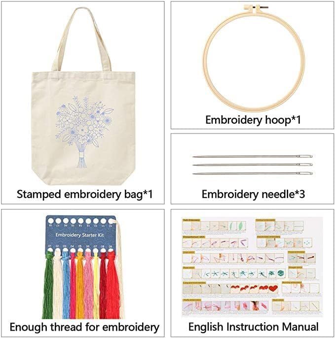 Kit de bolsas bordadas estampadas para bricolaje, diseño de flores de pensamiento, con aros de patrón, hilos de costura, arte de costura, bolsa de