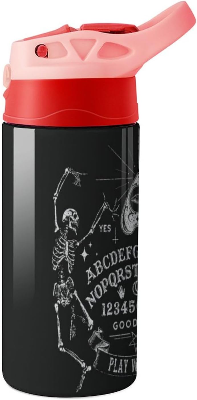 Botella de agua de viaje de acero inoxidable con diseño de bruja mágica de esqueleto gótico negro con pajilla, reutilizable, para hombres y mujeres