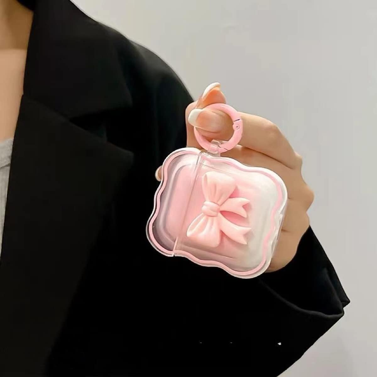 Bonita funda para AirPod con llavero de lazo rosa, diseño degradado transparente, borde ondulado, funda protectora suave compatible con AirPods de 1