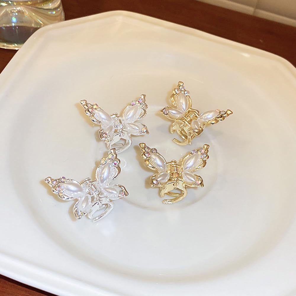4 pinzas para el pelo de mariposa con diamantes de imitación de cristal, color dorado y plateado con perlas de mariposa, pinzas pequeñas de metal