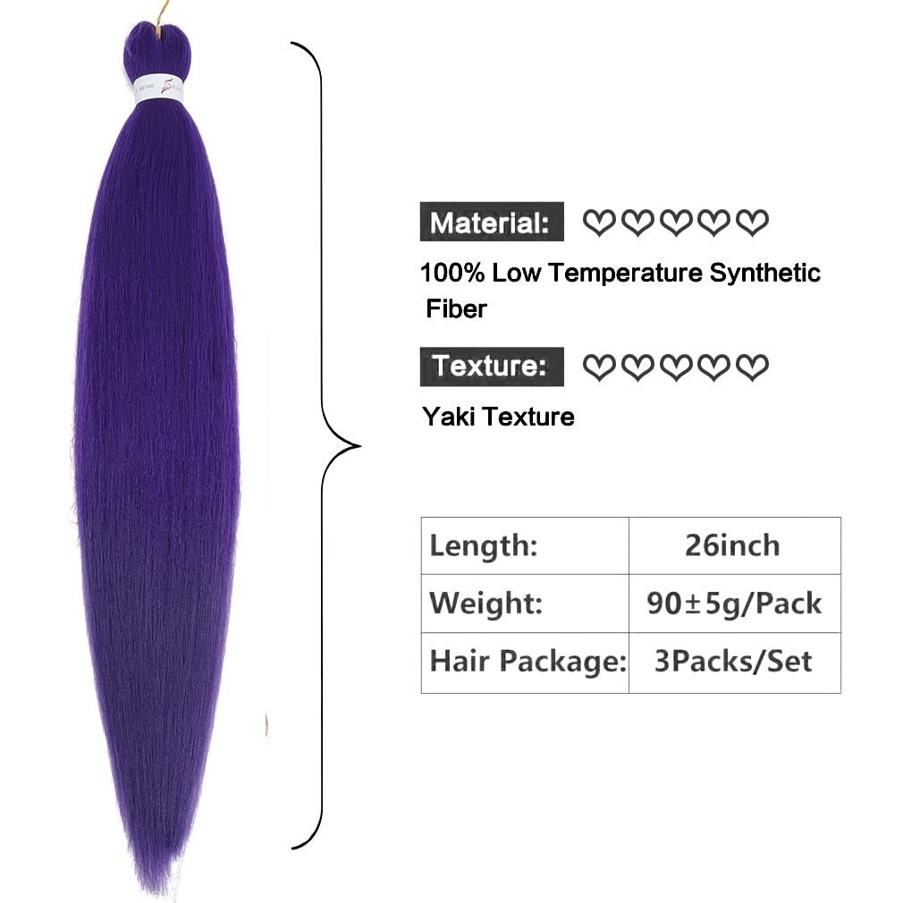 Extensiones de cabello trenzado preestirado morado de 26 pulgadas, paquete de 3 paquetes de extensiones de cabello sintético Yaki texturizado de