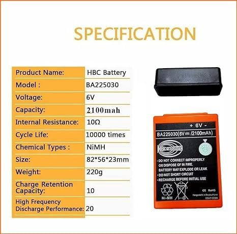 BA225030 BA225030 – Batería recargable Ni-Mh de 6 V, 2100 mAh, batería radiomática HBC BA225030 para grúa HBC con control remoto, bomba de camión