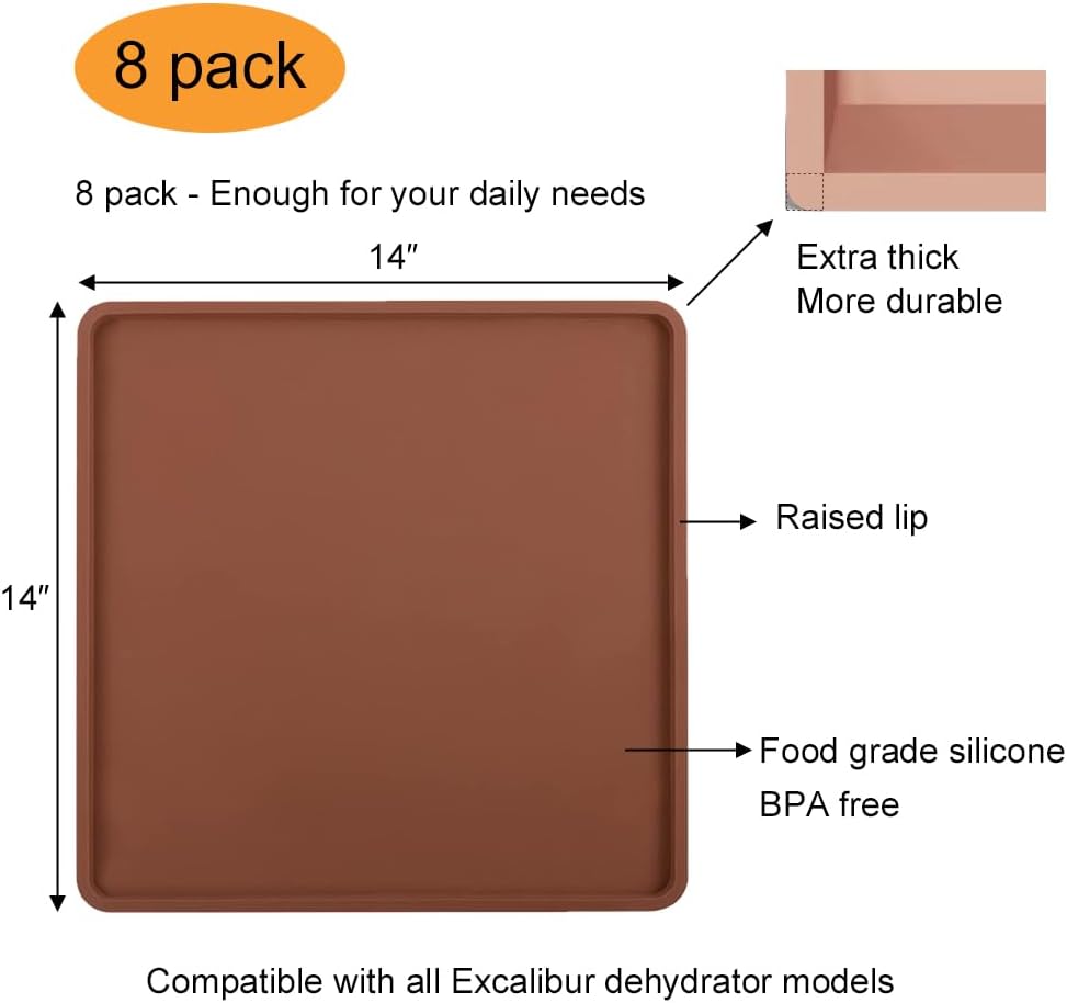 Paquete de 8 hojas deshidratadoras de silicona extra gruesas de 14 x 14 pulgadas con borde para Excalibur  Bandejas deshidratadoras de cuero para