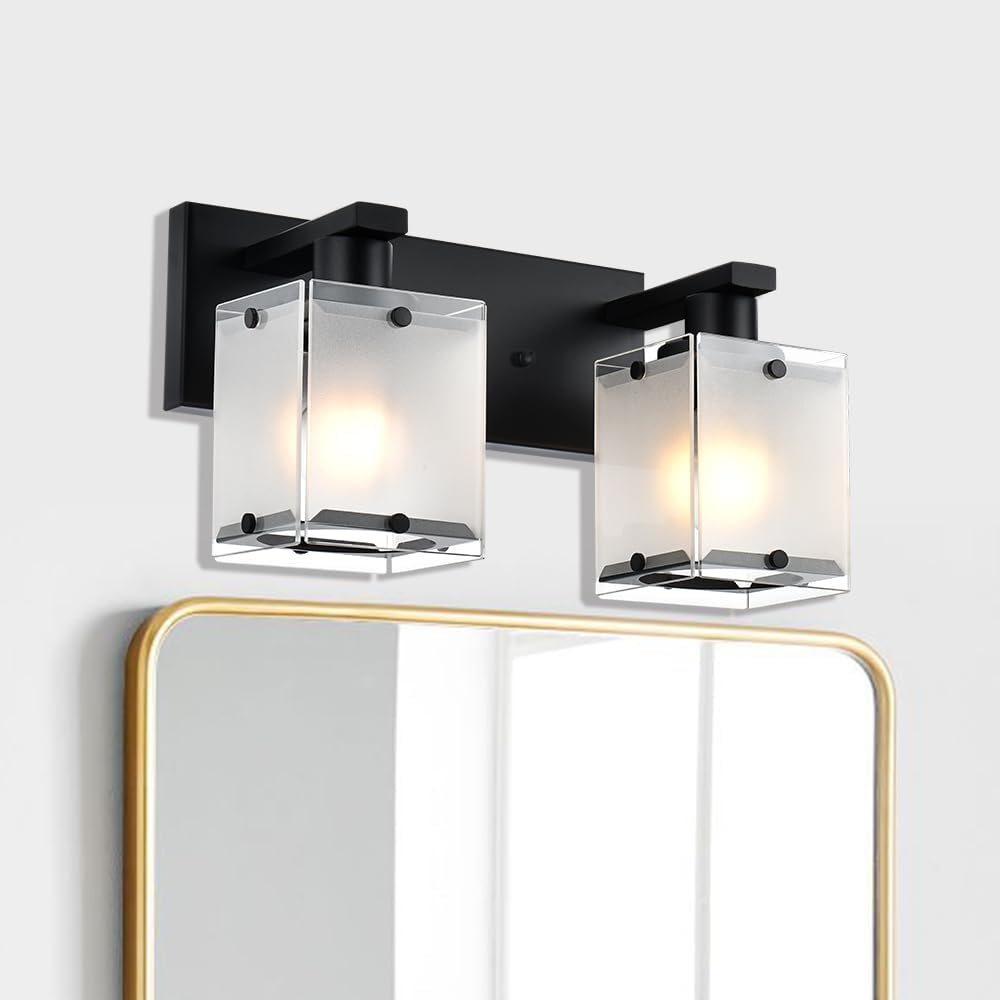 Lámpara de pared negra, 2 luces, lámpara de montaje en pared sobre espejo para dormitorio, mesita de noche, estudio, sala de estar, pantalla