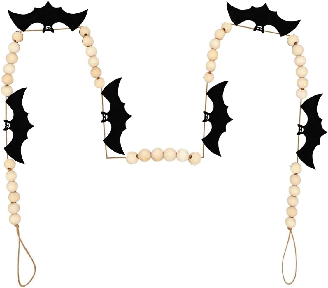 Guirnalda de murciélagos para decoración de Halloween para interiores y exteriores, cuentas de fieltro, murciélagos de madera, guirnalda de cuentas