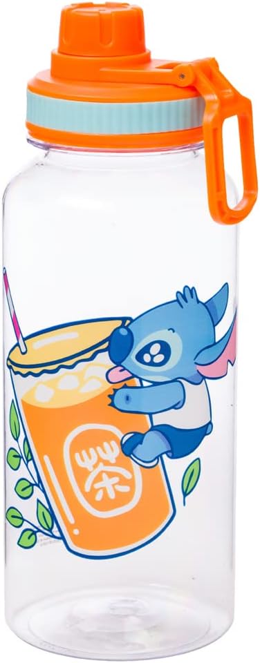 Silver Buffalo Lilo and Stitch – Botella de agua de plástico con boquilla giratoria de té de burbujas con calcomanías holográficas You Stick