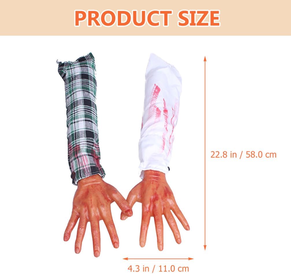 PRETYZOOM 2 piezas de brazo falso de Halloween, manos ensangrentadas rotas, partes del cuerpo de mano dividida, accesorios de miedo, broma para casa