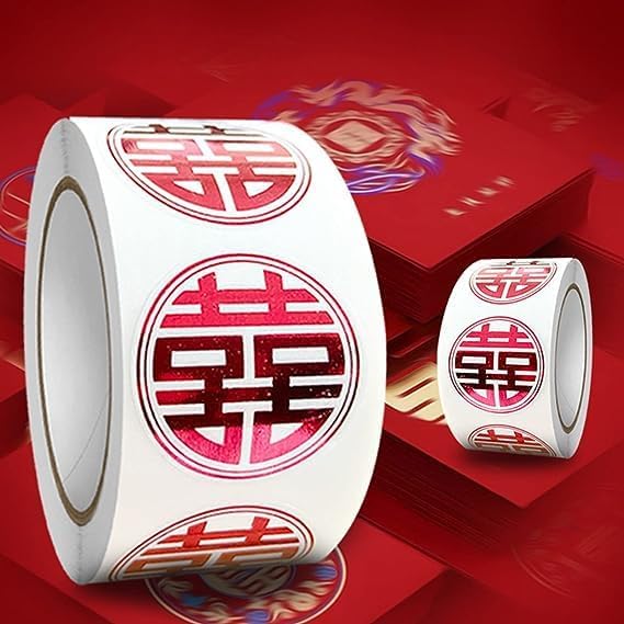 500 calcomanías en rollo de redondez rojo chino “Double Happiness” para sobres, suministros de decoración para bodas, sobres, tarjetas, bolsas de