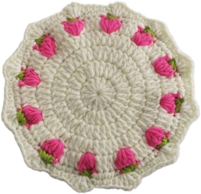 Lindos soportes redondos de algodón tejido de fresa con corazones de fresa, salvamanteles resistentes al calor para tetera, decoración de cocina (5,