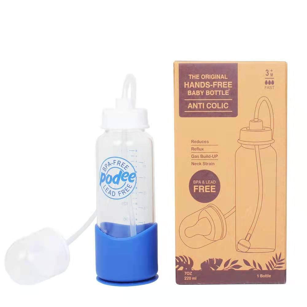 Sistema de biberón anticólico de alimentación autónoma botella de vidrio de 7 oz (1 paquete – azul)