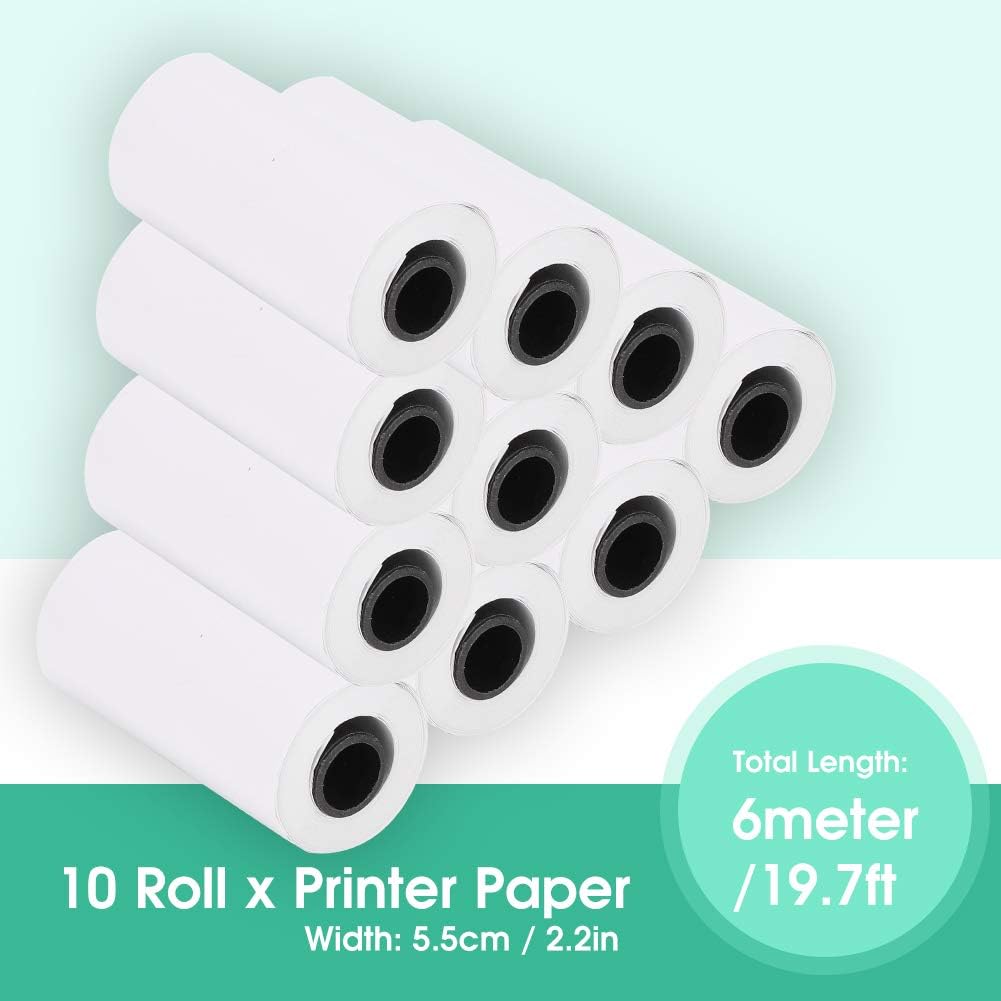 Papel térmico de 10 rollos, negro sobre blanco, papel de impresora térmica para impresora de bolsillo Bluetooth, longitud de 19.7ft por rollo, ancho