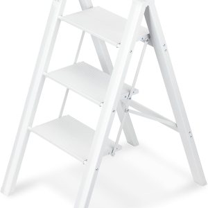 Escalera de 3 escalones, taburete plegable portátil ligero con pedal antideslizante resistente y ancho, capacidad de 330 libras, escalera de Escalera de 3 escalones, taburete plegable portátil ligero con pedal antideslizante resistente y ancho, capacidad de 330 libras, escalera de