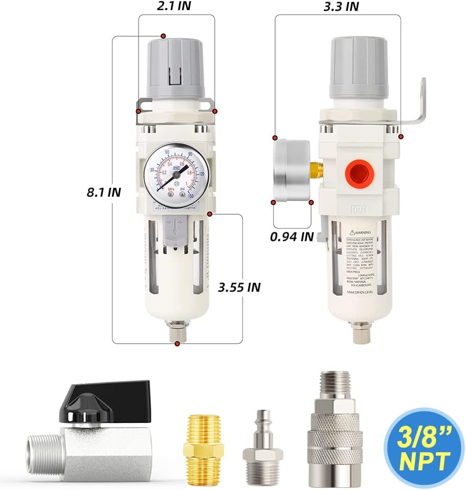 MEANLIN MEASURE Filtro de humedad para compresor de aire, filtro de línea de aire AW3000, entrada NPT de 38 pulgadas con calibre de 150 PSI e