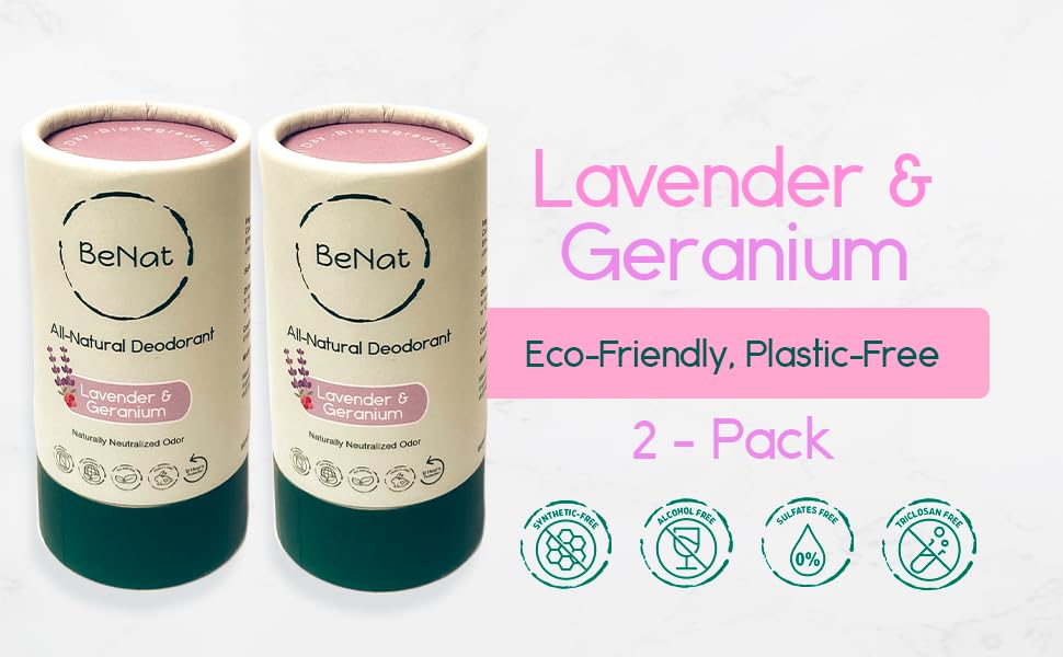 BeNat. Paquete de 2 desodorantes naturales sin plástico para mujeres y hombres, sin lavanda y geranio, sin aluminio, sin gluten y sin crueldad,