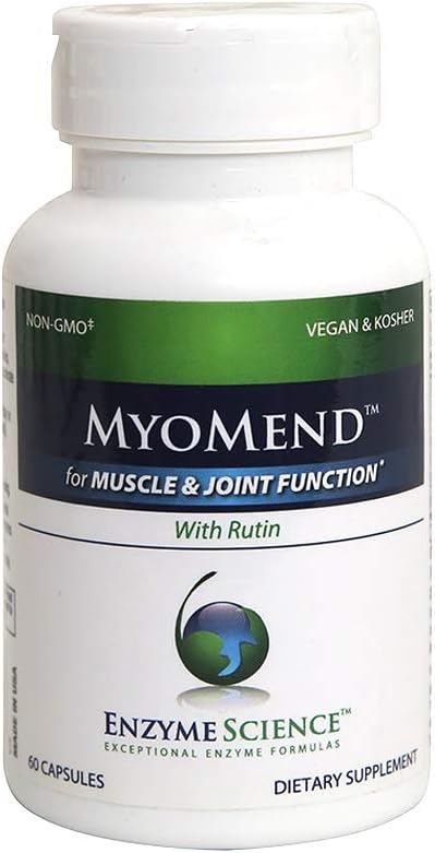 Myomend, 60 cápsulas  Apoyo muscular y articular  Formulado con bromelina y rutina  Suplemento de salud enzimática  vegano y kosher