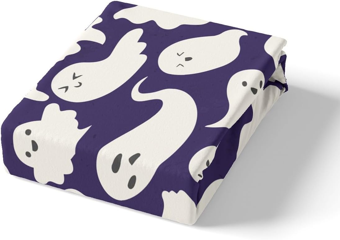 Castle Fairy Juego de sábanas de Feliz Halloween, tamaño King, bonita silueta de dibujos animados de fantasma, sábana bajera con bolsillo profundo,