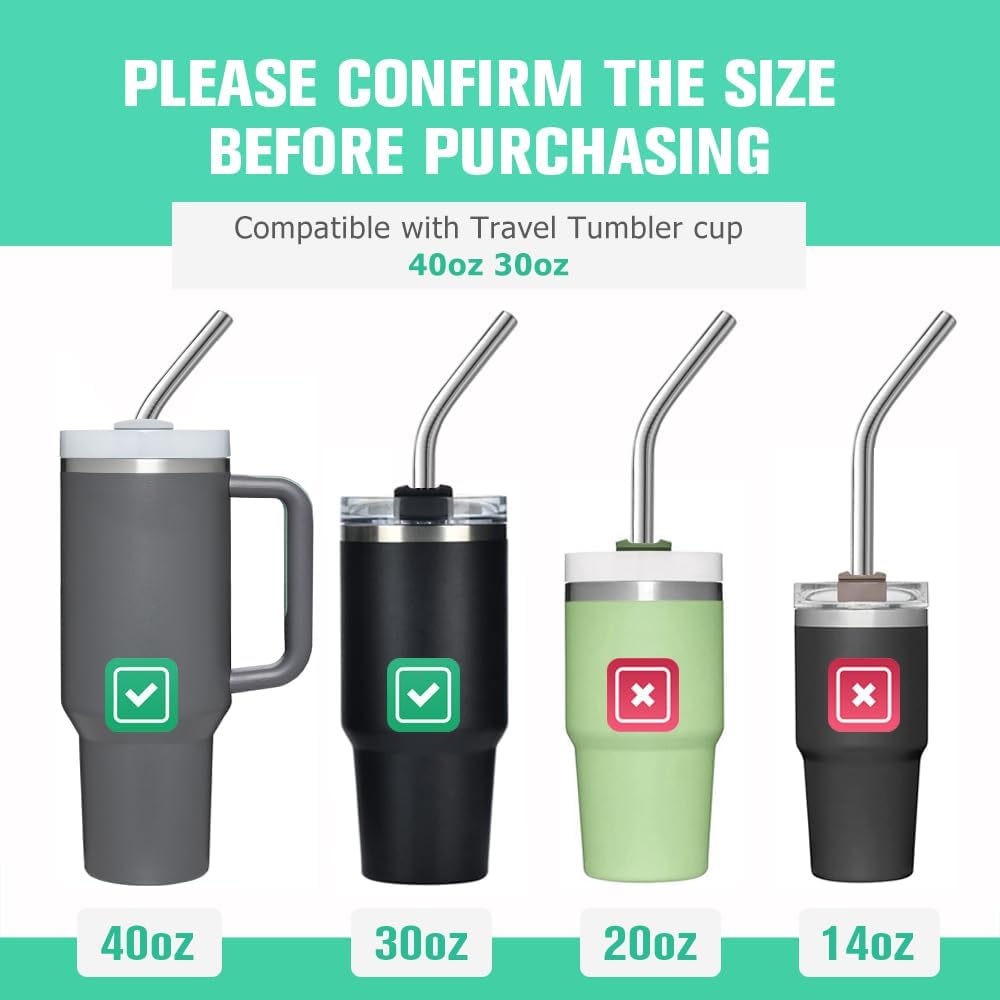 8 popotes de acero inoxidable doblados de 516 pulgadas de ancho para vaso de 40 onzas con asa, popotes de metal reutilizables de 12 pulgadas de