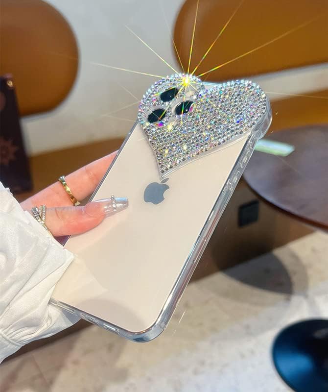 Funda transparente con purpurina compatible con iPhone 15, diseño de corazón 3D con diamantes de imitación femeninos brillantes y corazones