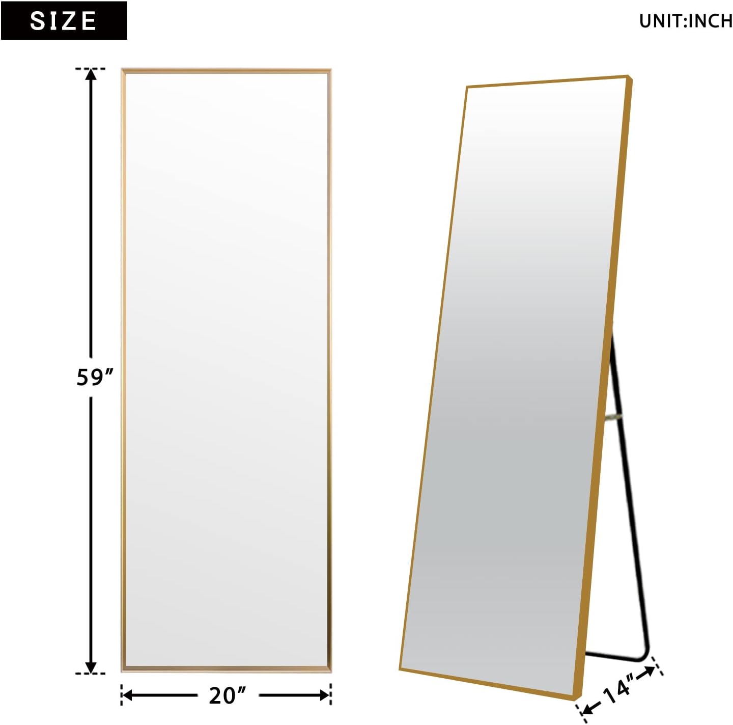 NeuType Espejo de longitud completa de 59 x 20 pulgadas, con soporte de pie, para dormitorio, vestidor, de pie, colgado o apoyado contra la pared,