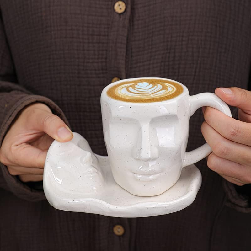 Juego de tazas de besos Taza de cerámica de cara humana Taza de café Pensador Creativo Taza de café Divertida forma de cara taza con bandeja Set