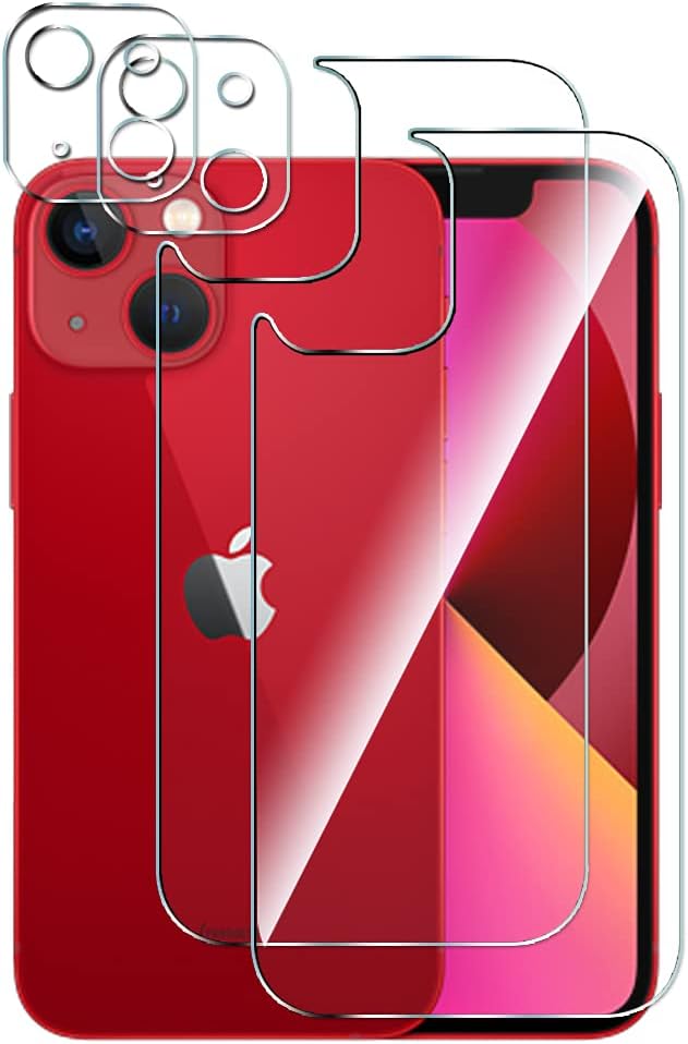 Protector de pantalla trasera para iPhone 13 Mini 2 unidades con protector de lente de cámara 2 unidades, vidrio templado antiarañazos, dureza 9H,