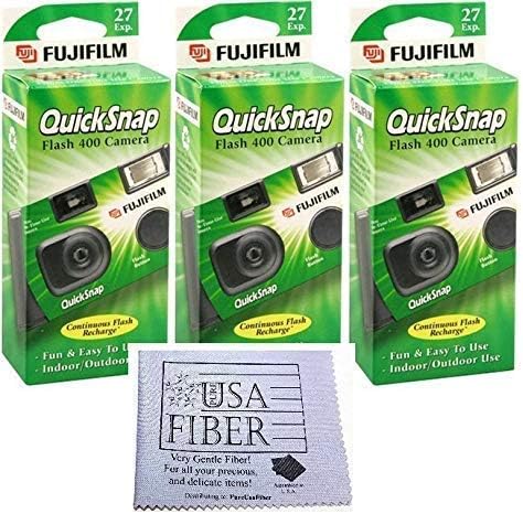 Fujifilm QuickSnap Flash 400 – Cámara desechable de 1.378 in + paño de microfibra de fibra pura USA (paquete de 3)