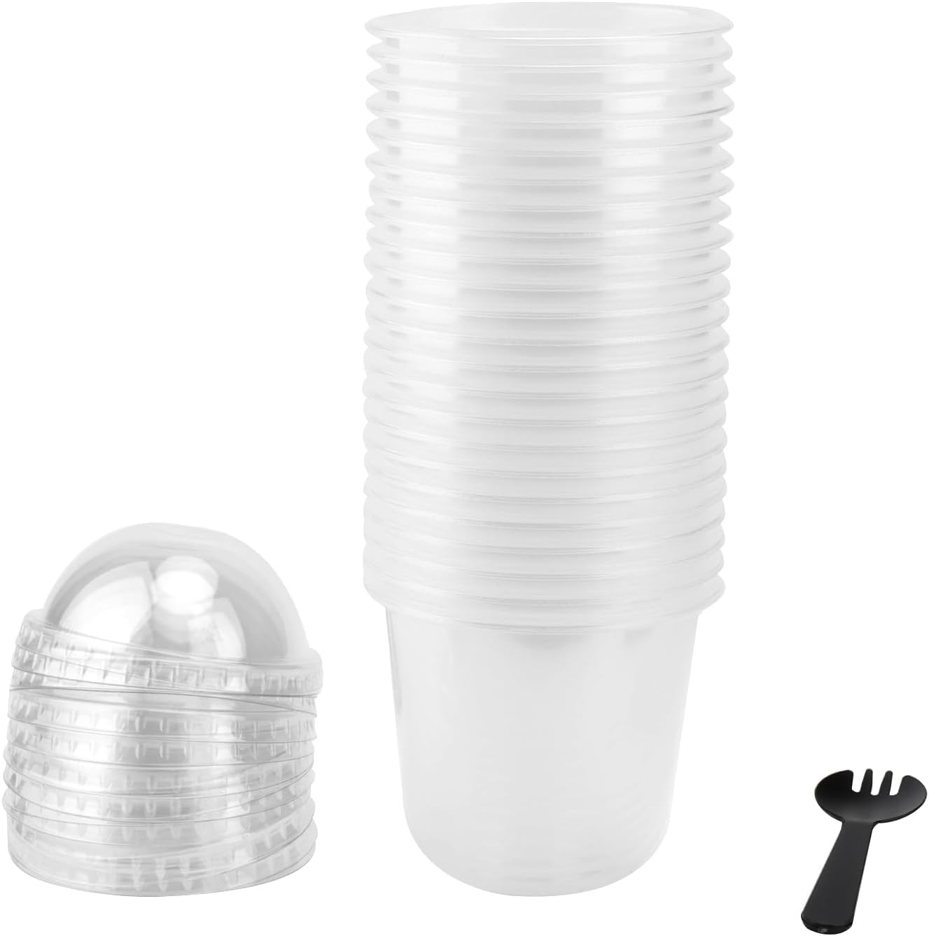 Paquete de 100 vasos de plástico transparente de 12 onzas con tapas de cúpula y tenedores, vasos desechables de postre con tapas, recipientes