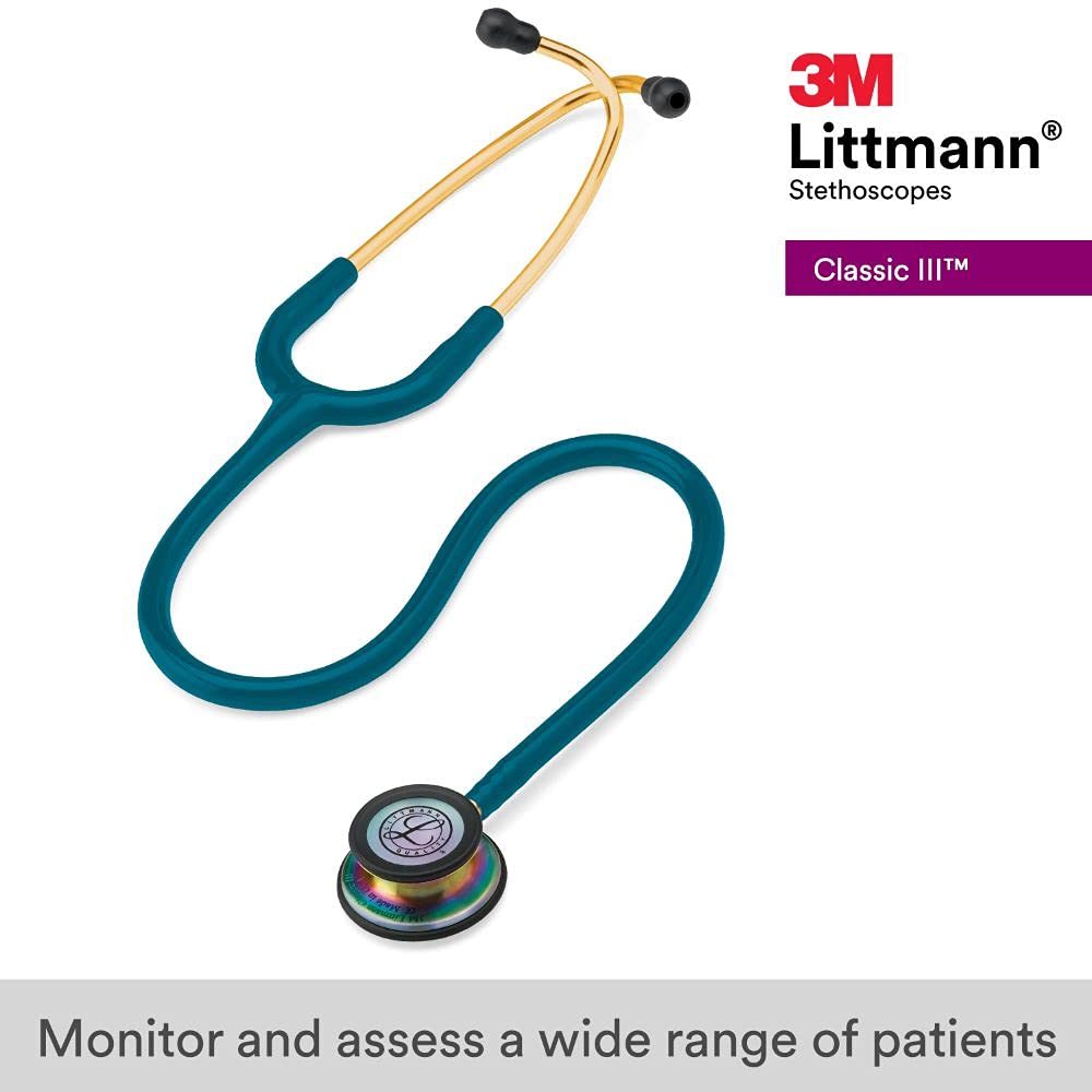 3M 5870 Littmann Classic III – Estetoscopio de monitoreo con acabado de arco iris con etiqueta de identificación negra, tubo azul caribeño de 27