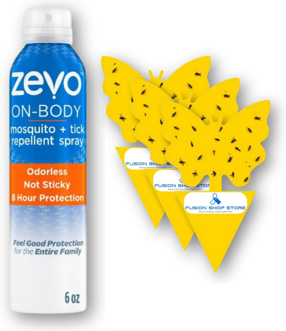 Zevo On Body – Repelente de mosquitos y garrapatas, 6 onzas (1), juego con 3 piezas de trampa adhesiva para frutas exclusiva Fusion Shop Store.