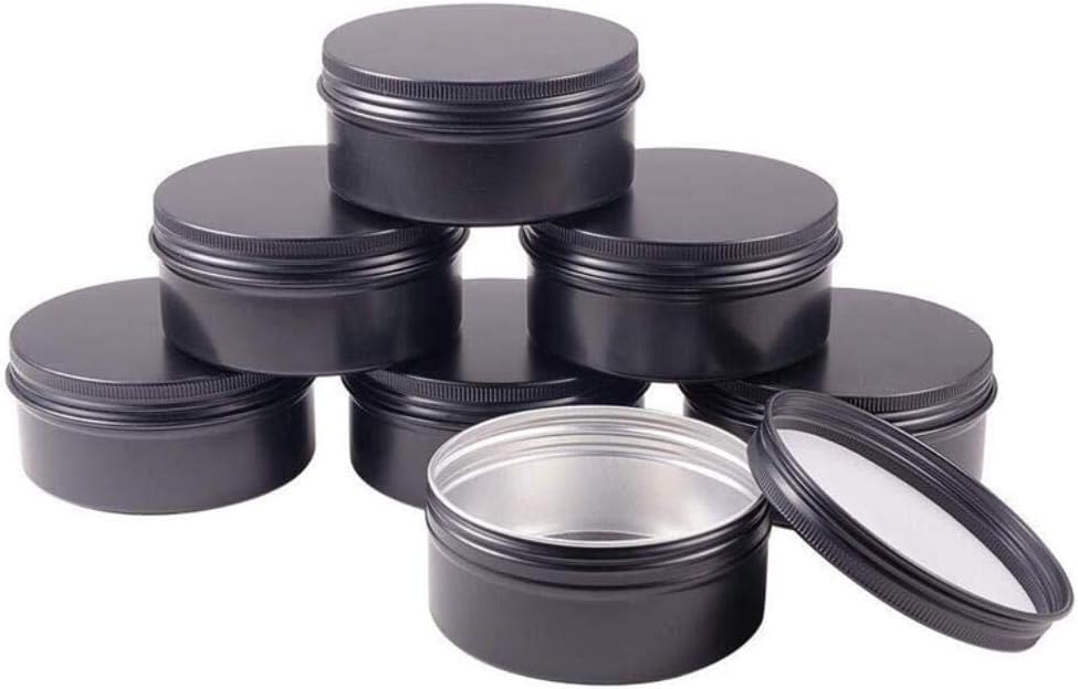 Latas de aluminio negro con tapa redonda de rosca superior, tarros de lata de almacenamiento de metal, latas de aluminio para almacenamiento de