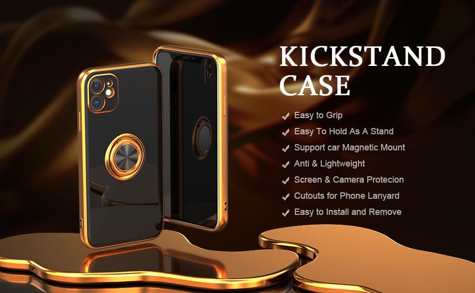 IDweel Funda para iPhone 11 con soporte de anillo de 360 con soporte magnético, ligera, delgada, borde de oro rosa, TPU suave, protección de cámara,