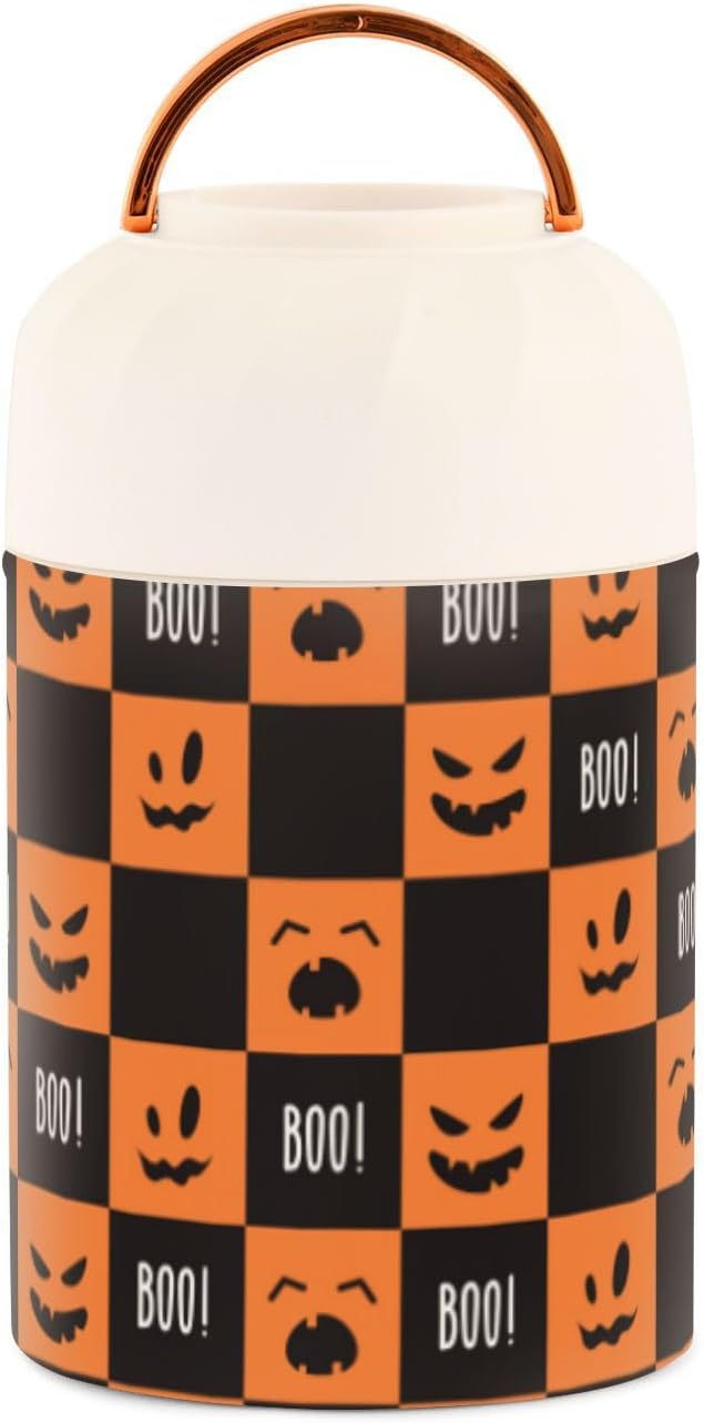 Faces Halloween – Recipientes de comida aislados para niños y mujeres con cuchara de 17 onzas  16.9 fl oz, recipientes para almuerzo de acero