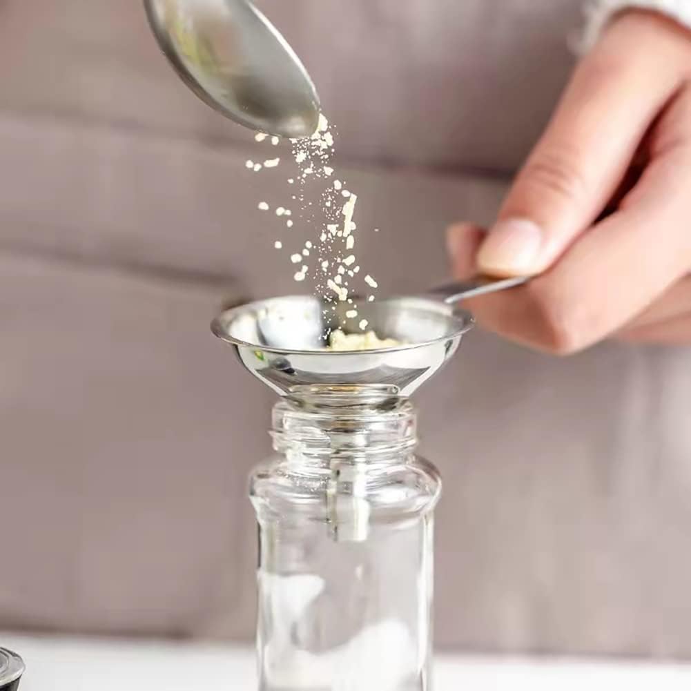 Juego de 3 mini embudos de acero inoxidable, embudos de metal para cocina, embudos sin derrames, con mango largo para transferir líquidos de aceite