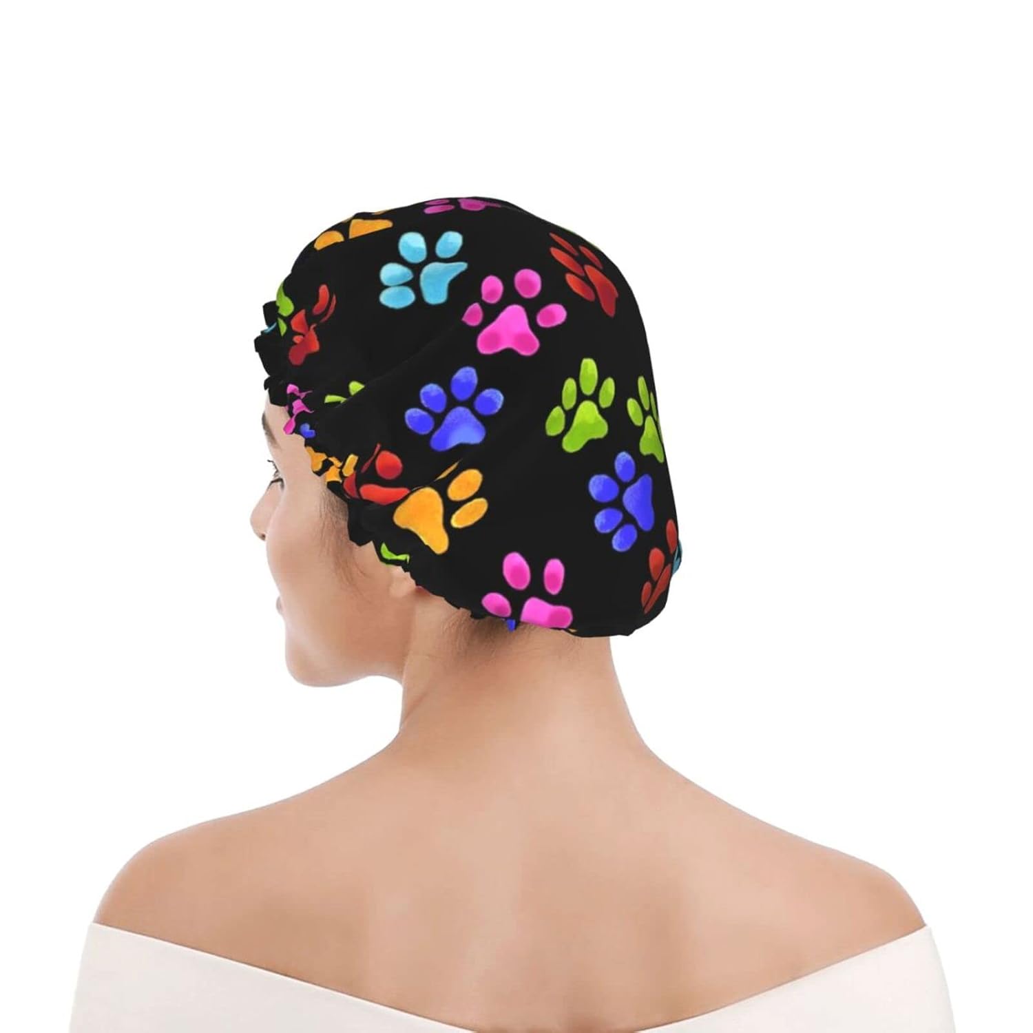 Gorro de ducha reutilizable con estampado de patas de perro para mujer, pelo largo, doble capa impermeable, gorro de ducha para niños, niñas y