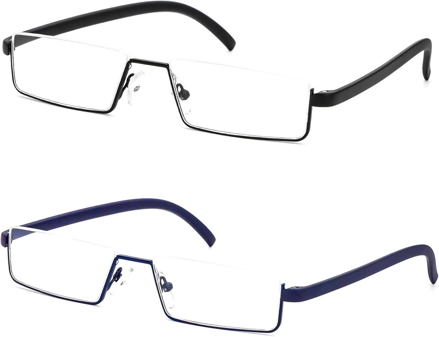 REAVEE Paquete de 2 lentes de lectura de medio marco para hombres y mujeres, media lente de metal, ligeros, portátiles con funda, negro y azul +1.25