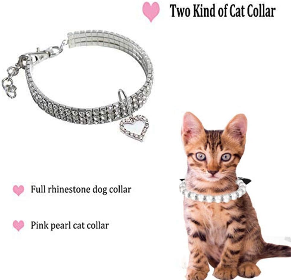 WoYous Juego de collar de perro de diamantes de imitación y collar de perlas para perro, correa ajustable para el cuello, collar de perlas de