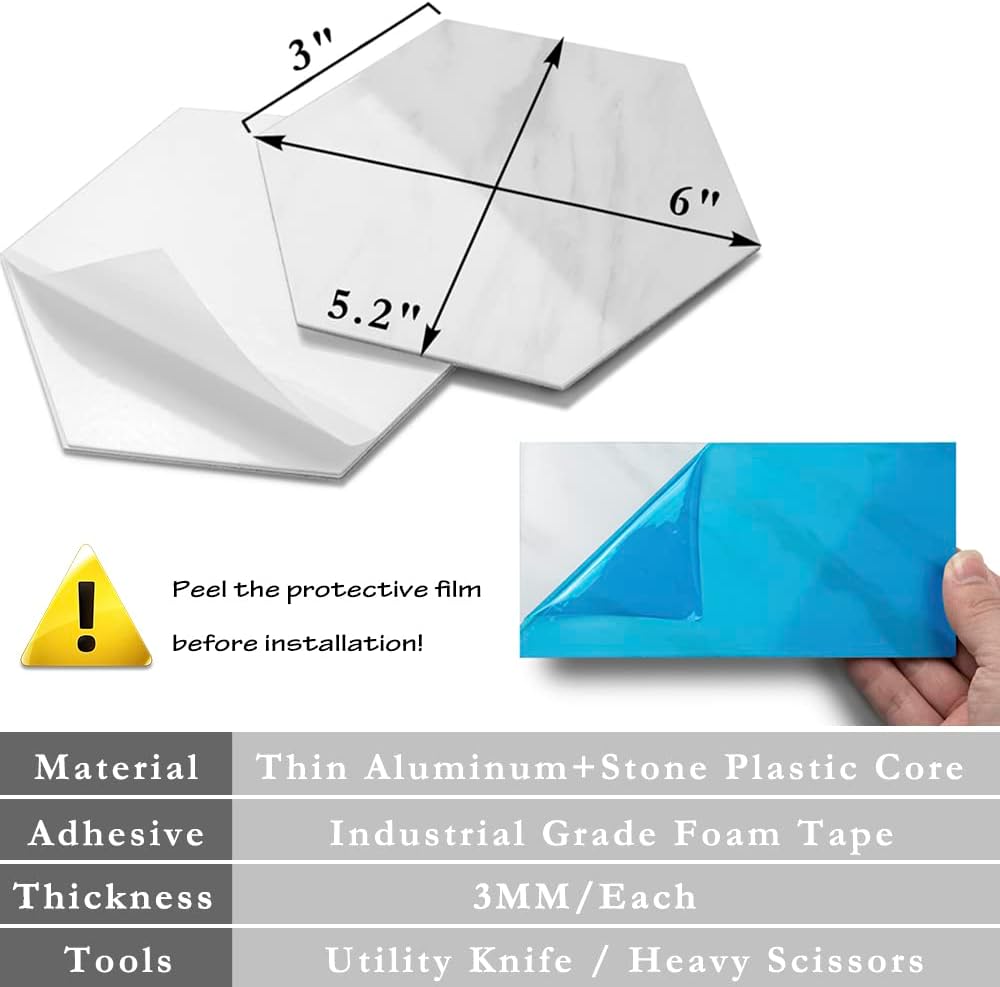 AULIGET 72 piezas de azulejos hexagonales para despegar y pegar, diseño de mármol blanco pulido para cocina, azulejos de PVC para despegar y pegar