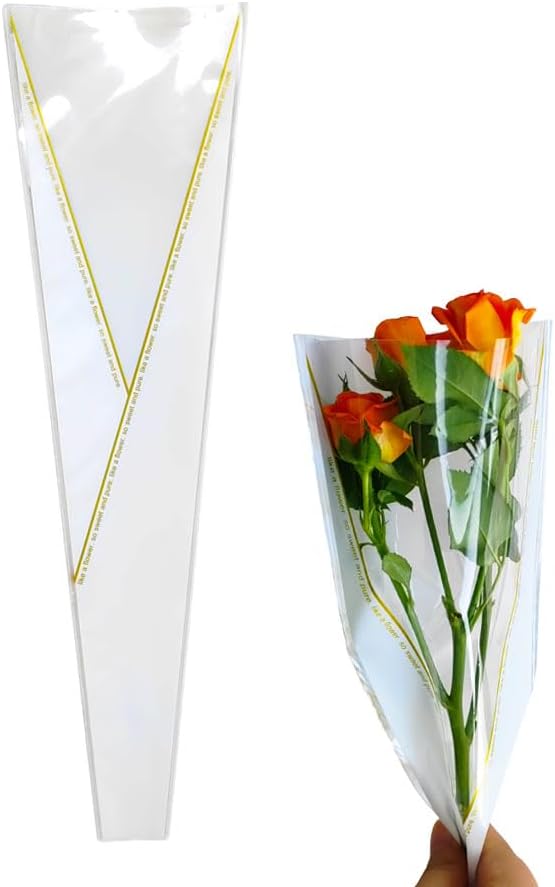 HYMAOME 50 bolsas de embalaje de rosas individuales para ramo de flores, mangas de plástico transparente para violonchelo, rosas envueltas para