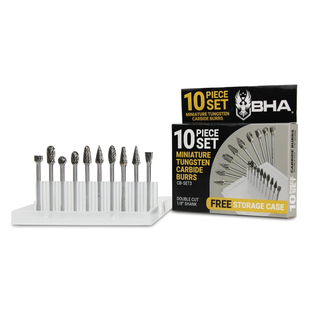 BHA Juego de brocas rotativas de carburo de tungsteno para grabado de metal y trabajo de precisión, doble corte con vástago de 18 pulgadas, 10 piezas