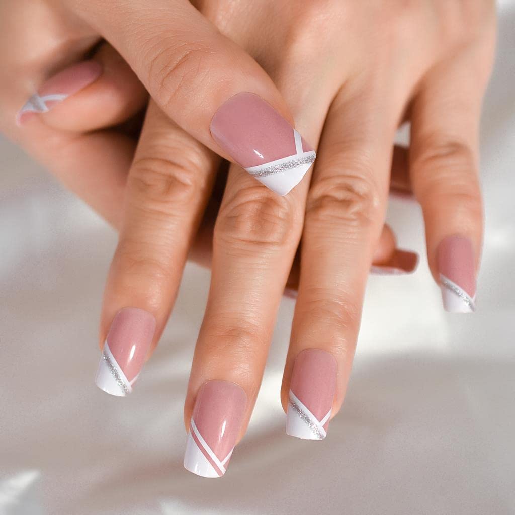 iBeautying – Uñas postizas a presión blancas y rosas francesas, uñas postizas con acabado de gel UV, uñas postizas reutilizables con purpurina