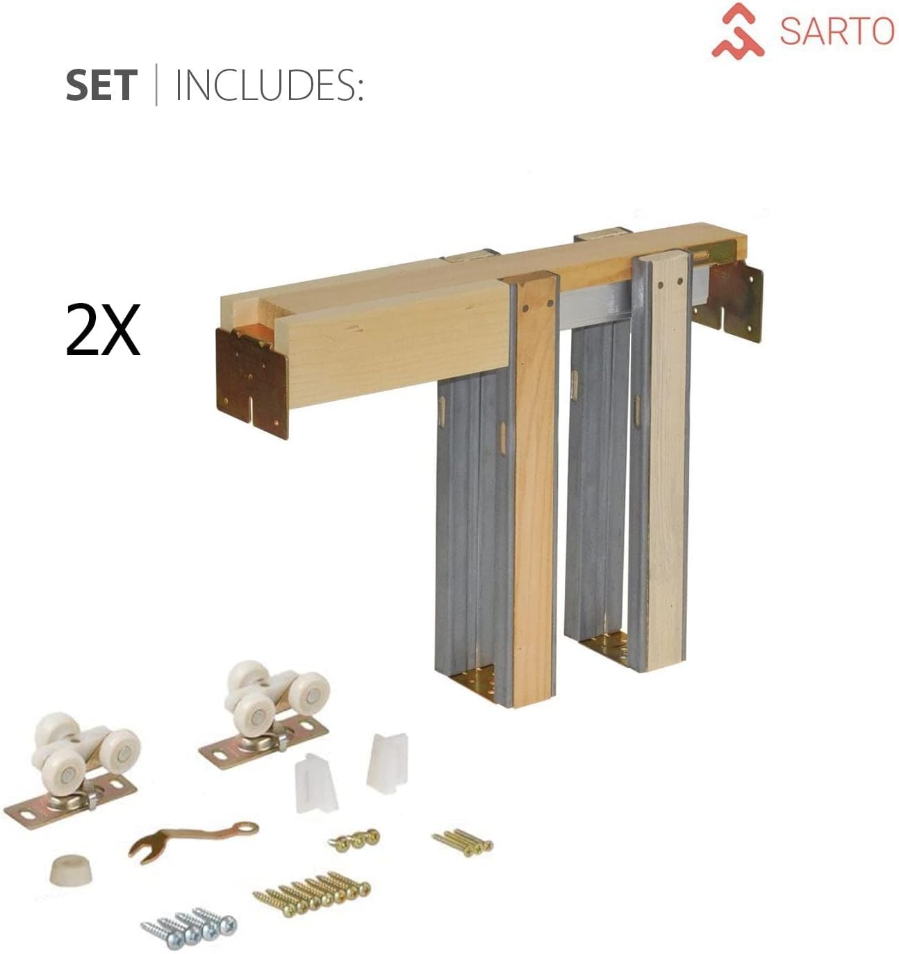 SARTODOORS Felicia 3599 – Puertas correderas francesas de doble bolsillo de 72 x 80 pulgadas, seda blanca con vidrio transparente, kit de herrajes