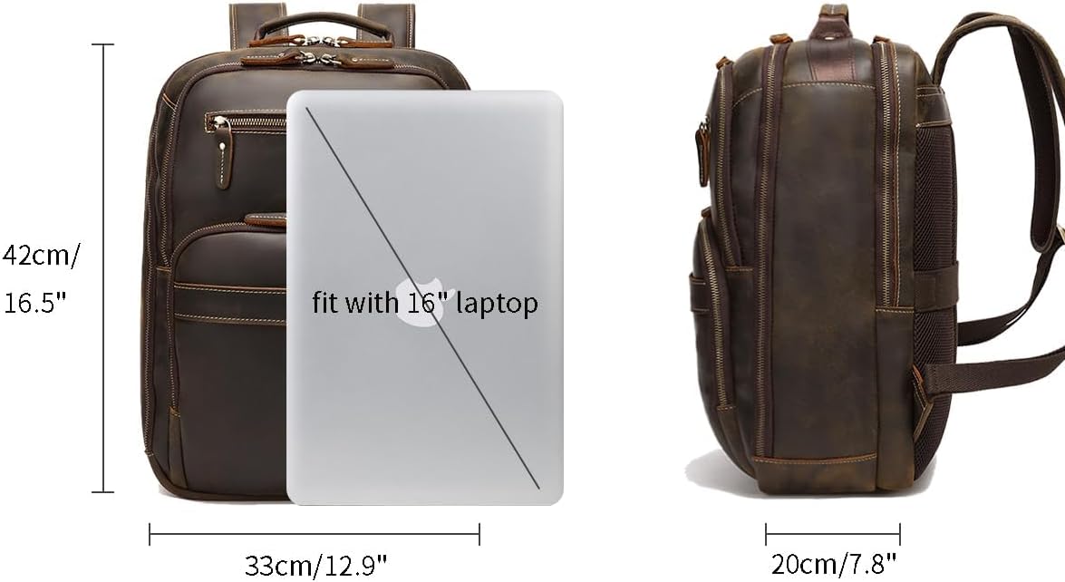 Mochila de cuero de grano completo de 16 pulgadas para computadora portátil para hombres, gran capacidad, negocios, senderismo, viajes, mochila