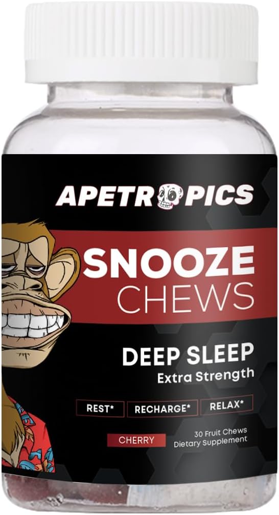 Apetropics Snooze Chews – Gomitas de sueño profundo con L-teanina, manzanilla, melatonina, cereza ácida y magnesio, sabor a cereza, 30 unidades, sin