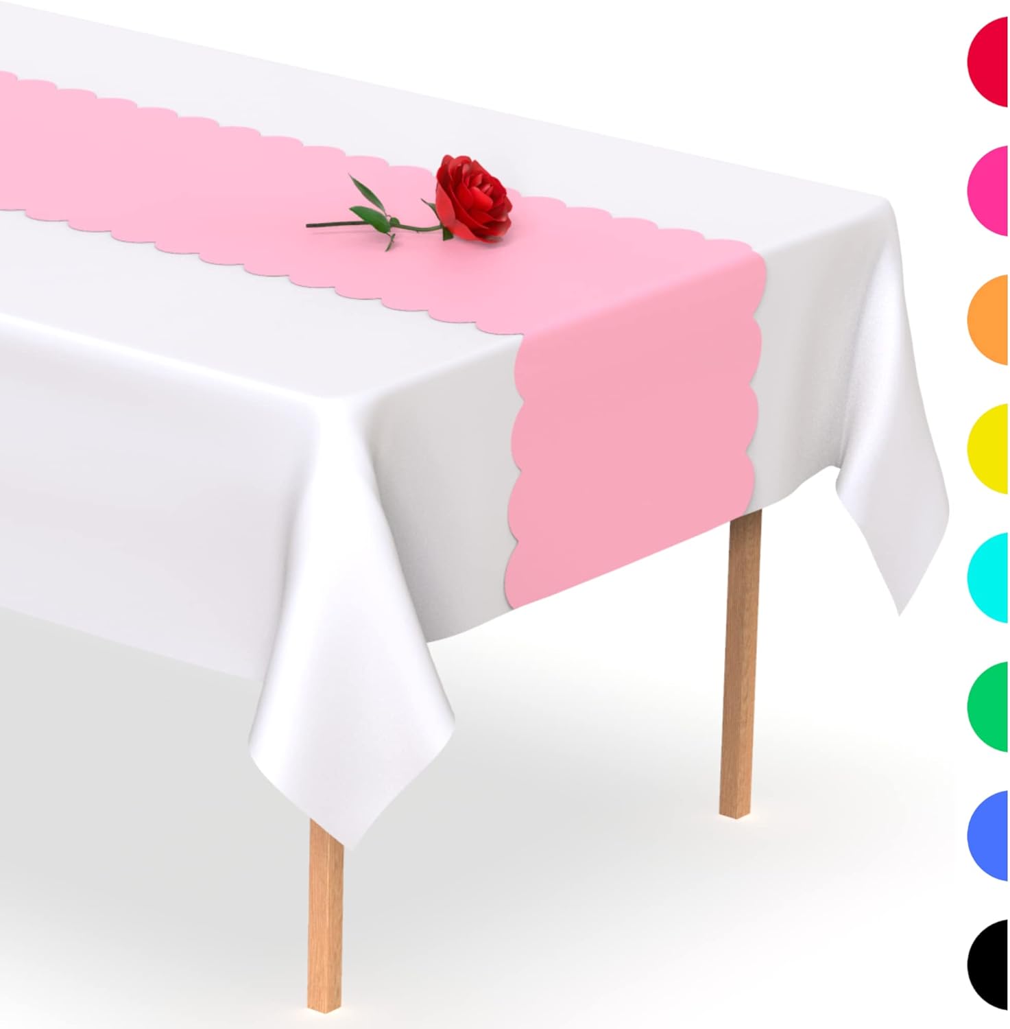 Camino de mesa desechable de plástico rosa claro. Paquete de 5 caminos de mesa de 14 x 108 pulgadas. El camino de mesa festoneado añade un toque de