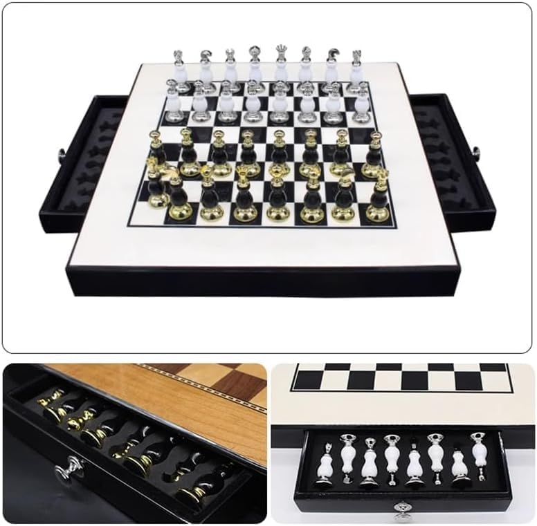 GAENZA Nuevo juego de ajedrez profesional de lujo, juego de ajedrez con pieza de ajedrez de metal y ranuras de almacenamiento, juego de mesa de